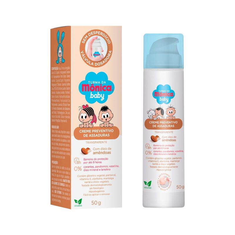 Creme-Preventivo-de-Assaduras-Transparente-com-Oleo-de-Amendoas-Turma-da-Monica-Baby-com-Valvula-Dosadora-50g-Vegano