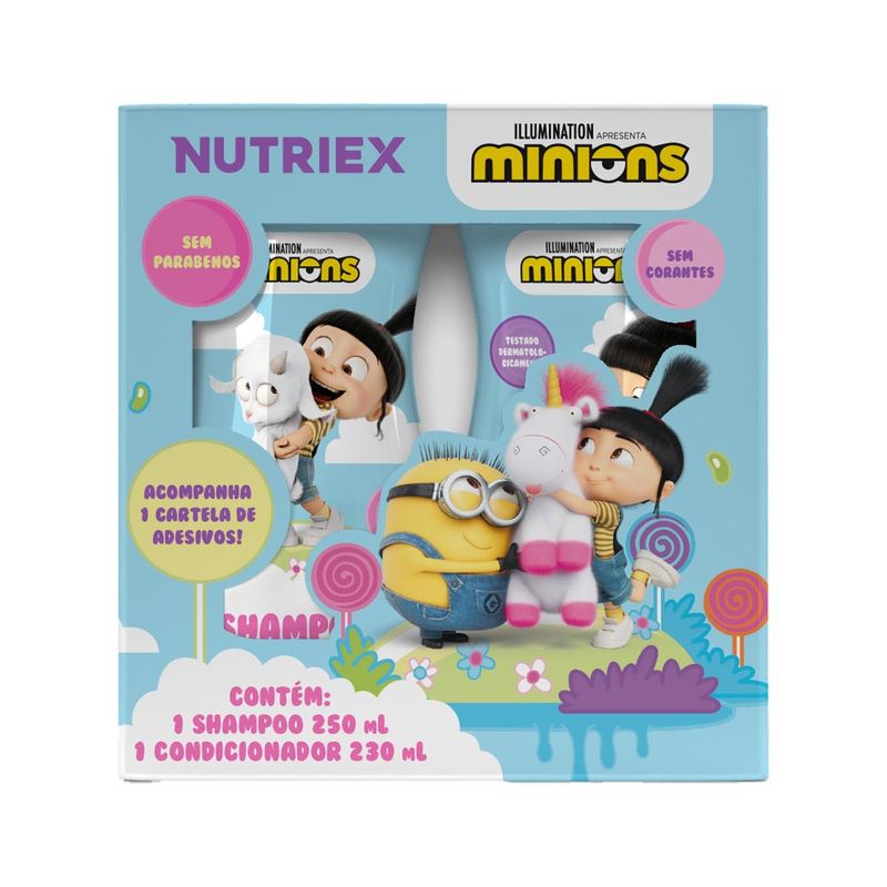 Kit-Minions-Shampoo-250ml---Condicionador-230ml---1-Cartela-De-Adesivos--Nutriex